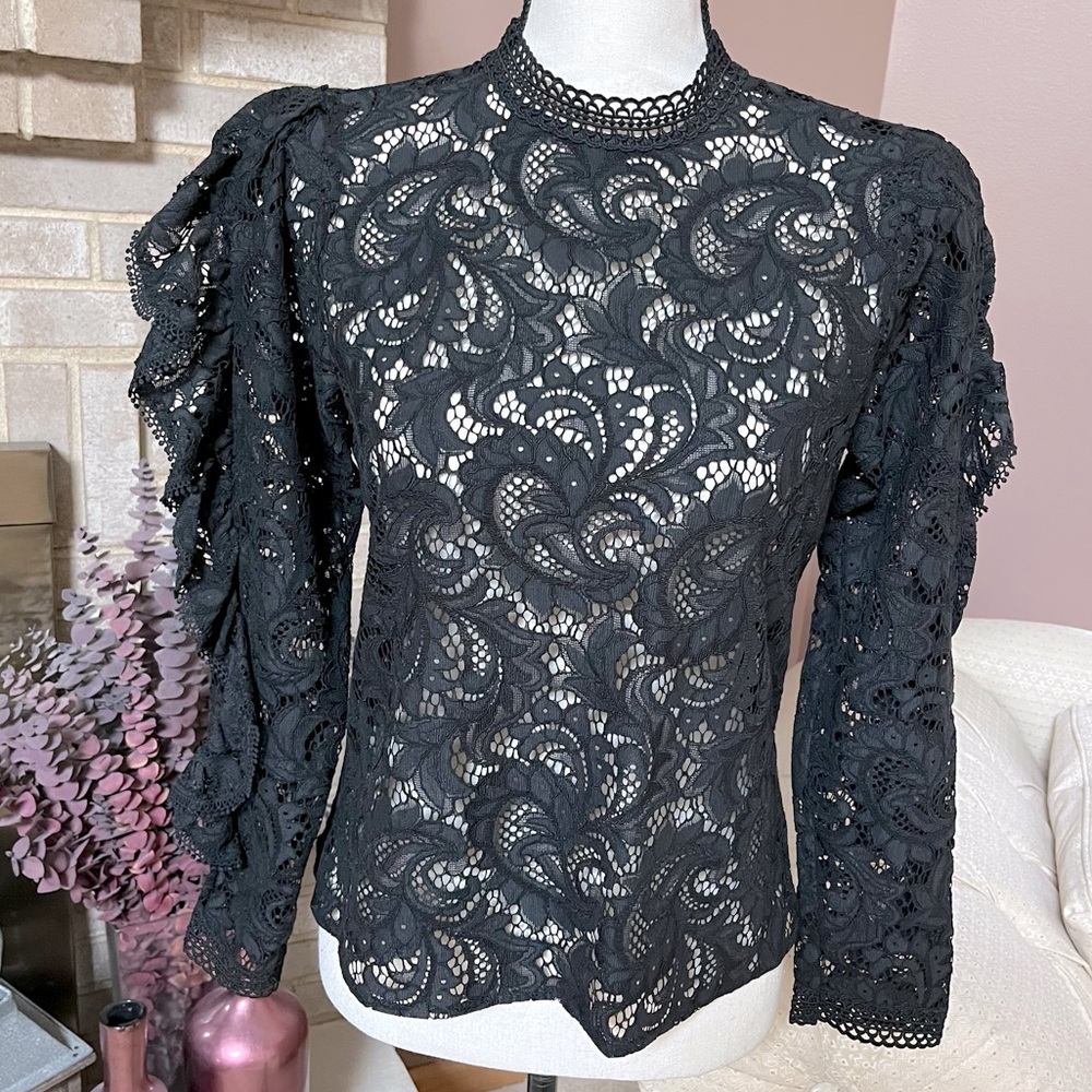 LIKE NEW EXPRESS Lace Ruffle Sleeve Top - Black - Picture 7 of 11